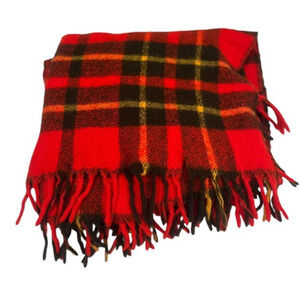 Vintage Faribo Fluff Loomed Wool Blanket Orange Plaid Throw 52 x 56 Fringe USA
